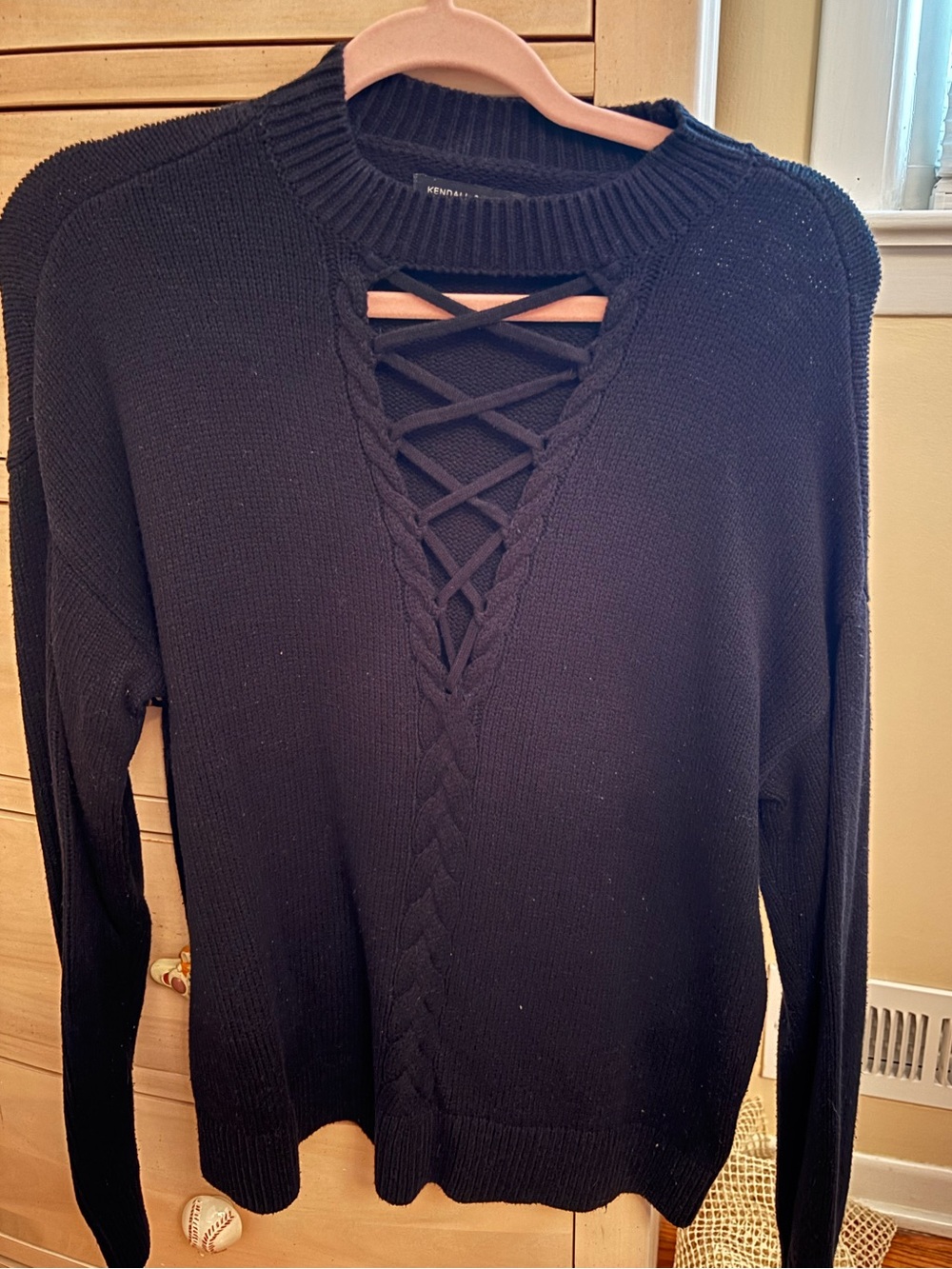 Black Lace-Up Cable Knit Sweater